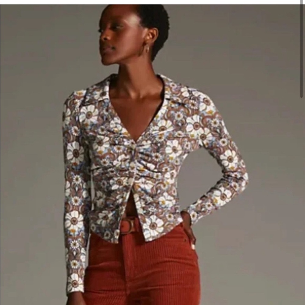 Maeve Ruched Floral Button Up Shirt - Picture 2 of 7